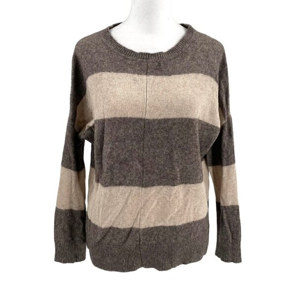 Vince Yak Wool Blend Oversized Rugby Stripe Crewneck Sweater Neutral Brown sz XS - Picture 1 of 6